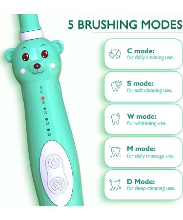 Kids Sonic Electric Toothbrush - Rechargeable Cute Bear Design for Boys and Girls (Ages 3-12) | 30s Reminder, 2 Min Timer, 5 Modes | 6 Brush Heads & Wall-Mounted Holder Included - Green - Buy Online on GoSupps.com