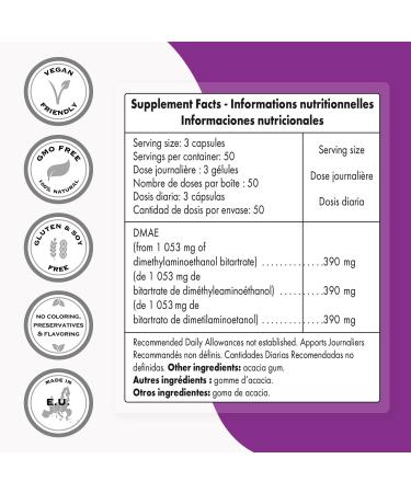 Buy Supersmart DMAE Supplement 390mg - Non-GMO Gluten Free - 150 Vegetarian Capsules for Choline Production - International Shipping Available - Buy Online on GoSupps.com