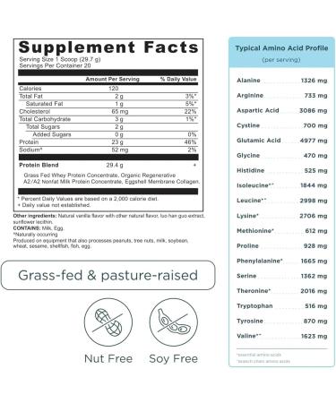 Ancient Nutrition Grass Fed Whey Protein - Vanilla Bean 23g Protein Hydrolyzed Collagen Peptides Organic A2/A2 Milk - 20 Servings - Buy Online on GoSupps.com