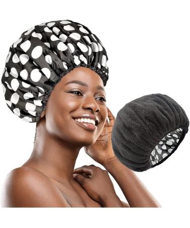 Terry Cloth Lined Waterproof Shower Cap for Women - Reusable Double Layer Bath Cap with Dry Hair Function - Black and White Dots Design - Buy Online on GoSupps.com