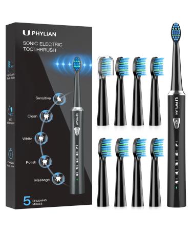 PHYLIAN Sonic Electric Toothbrush for Adults - High Power Rechargeable Toothbrushes, 5 Modes, 3 Hours Fast Charge for 60 Days, Smart Timer Black