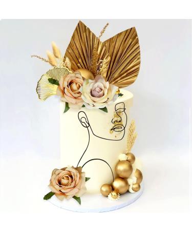 Champagne Acrylic Lady Face Cake Topper with Gold Leaves for Wedding & Birthday Party - Buy Online on GoSupps.com