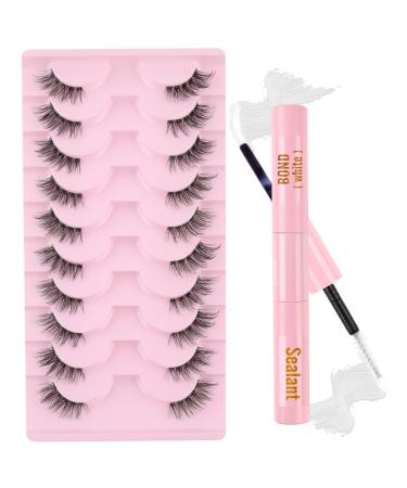 Sixstarhair Half Lashes with Glue Eyelashes Clear Band 10 Pairs Cat Eye Lashes Kit Demi Wispies Eyelashes With Bond And Seal Natural Looking Reusable Fake Lashes H09 Lashes with Glue