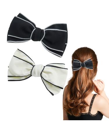 2 PACK Elegant Bow Hair Clips Solid Color Big Black and White Hair Bow Hair Barettes Hair Accessories for Women and Girls