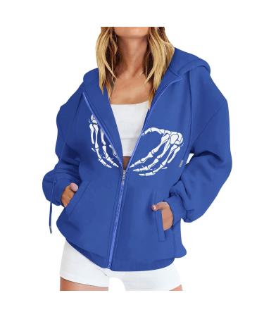 Ladies Fashion Hand Print Loose Basic Zipper Hooded Sweatshirt Jacket Halloween Costumes Hoodies for Women Blue Small