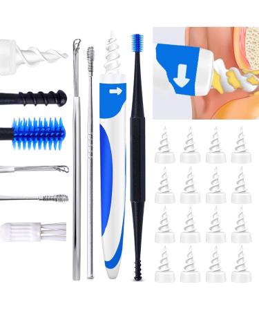 Q Grips Ear Wax Remover Soft and Flexible Spiral Ear Wax Removal Kit with 16 Pcs Spiral Replacement Heads, 4 PCS Dual-Head Ear Picker, A Three-Ring Ear Cleaner Tool, Suitable for Adult & Kids