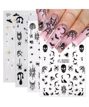 4 Sheets Rhinestones Halloween Stickers 3D Self Adhesive Spider Ghost Nail Art Stickers Glitter Luxury Charms Nail Decals Spooky for Women Halloween DIY Manicure Salon Halloween Nail Stickers-19