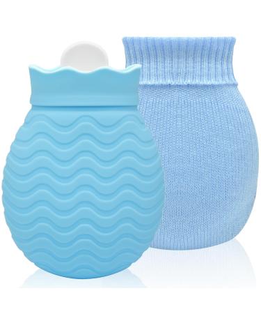 320ml Small hot water bottle with soft cover- Mini silicone water bag for warm hand and foot and bed warmers ideal for menstrual complaints neck/shoulder pain relief (sky blue)