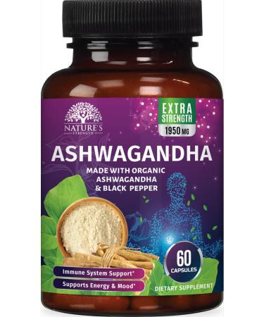 Organic Ashwagandha Capsules - Pure Organic Ashwagandha Powder & Root Extract Supplement for Extra Strength Stress Support Immune Support & Thyroid Support - Vegan Friendly & Non GMO - 60 Capsules 60 Count (Pack of 1)