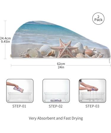 Beach Seashell Starfish Hair Towel 2 Pack - Super Absorbent Quick Dry Hair Turbans for Women & Girls - Buy Online on GoSupps.com