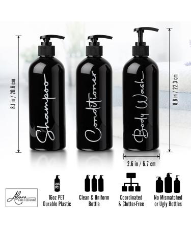 Alora Home Essentials Reusable Shampoo and Conditioner Bottles - Set of 3 Matte Black Permanent Stylish Labels 16oz Pump Bottle Dispenser Body Wash Plastic Refillable (MBBW16) Set of 3 (16oz) Black - Buy Online on GoSupps.com
