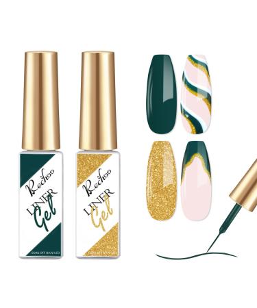 Gel Liner Nail Art-2pcs Green & Gold Nail Gel Polish Fineliner Soak Off French Manicure Gel for Liner Drawing and Nail Color Painting UV Liner Nail Gel for Nail Starter Home DIY Nail Salon H-2-Green & Gold