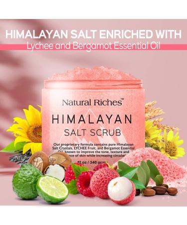 Natural Riches Himalayan Salt Exfoliating Body Scrub with Lychee Bergamot Essential Oil and Vitamin C - 12 Oz Moisturizing Deep Cleansing Foot and Body Exfoliator - Buy Online on GoSupps.com