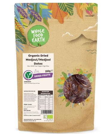 Wholefood Earth Organic Dried Medjoul/Medjool Dates 250g | Raw | GMO Free | Vegan | High Fibre | Certified Organic 250 g (Pack of 1) - Buy Online on GoSupps.com