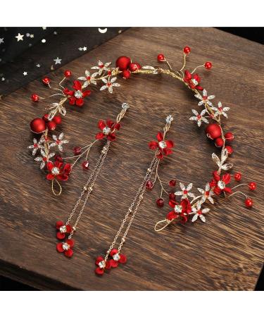 Drokit Red Flower Tiara Bridal Headpiece and Earrings Set - Wedding Hair Jewelry and Accessories - Buy Online on GoSupps.com