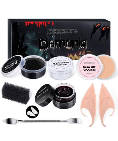 BOBISUKA Special Effects SFX Halloween Makeup Kit Black White Face Body Paint + Scar Wax with Spatula Tool + Fake Blood + Elf Ears + Vampire Teeth + Stipple Sponges Cosplay Dress Up Face Painting Sets 01