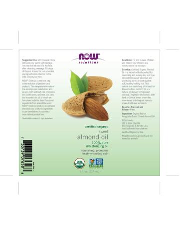 Now Foods Organic Sweet Almond Oil 8 fl oz - Cold-Pressed & Pure - Buy Online on GoSupps.com