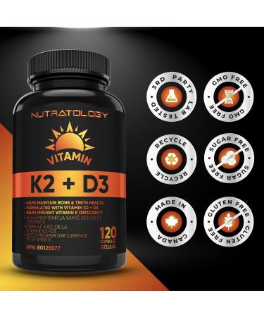 Vitamin K2 + D3 Highest Potency 120MCG/1000 IU - 120 Capsules - Helps Maintain Bone & Teeth Health - Formulated With MK-7 For Best Results - Immune System Support - Made In Canada 120 count (Pack of 1) - Buy Online on GoSupps.com