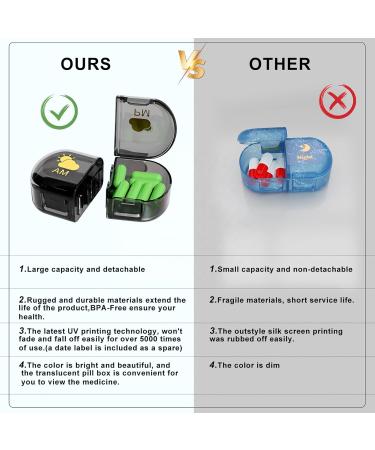 Portable 3-Day Travel Pill Organizer - Removable 2 Compartment AM PM Pill Box for Vitamins & Supplements | Black - Buy Online on GoSupps.com