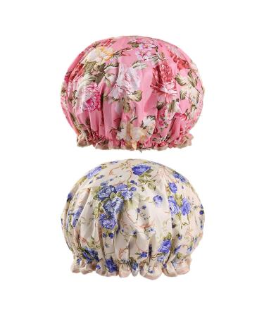 Bath Caps Elastic Band Waterproof Shower Caps With Ruffled Edge Covering Ears Keeping Hair Dry Kitchen Oil-proof Cap for Girls and Women (peony)