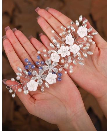Edary Flower Bride Wedding Hair Vine Silver Crystal Hair Accessories Bridal Pearl Headband Blue Bead Headpiece for Women and Girls - Buy Online on GoSupps.com