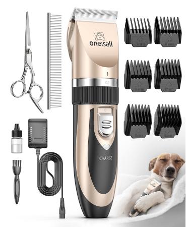 oneisall Dog Shaver Clippers Low Noise Rechargeable Cordless Electric Quiet Hair Clippers Set for Dogs Cats Pets Gold