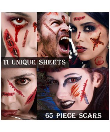 Zombie Makeup  11 sheets Zombie Tattoos  Zombie Makeup Kit  Halloween Makeup Kit  Scar Tattoo  Fake Blood Makeup Fake Scars Cuts  Vampire Makeup  Healthy Makeup for Kids  11 Sheets 67 pics Scars