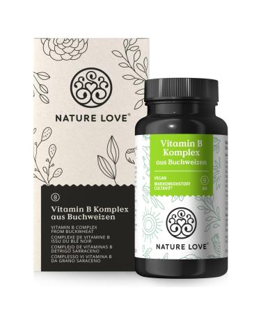 Vitamin B complex from buckwheat - 60 capsules - natural B vitamins - highly dose: 120% of daily needs on vitamin B1 B2 B3 B5 B6 B7 (Biotin) B9 (folic acid) and B12 - vegan laboratory test