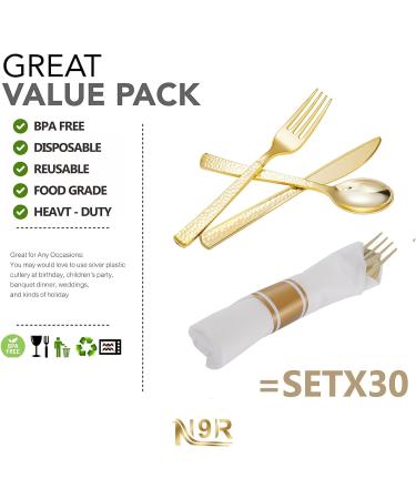 N9R 30 Pack Pre Rolled Gold Plastic Cutlery Set with Napkins - Disposable Silverware Set for Party and Wedding - Buy Online on GoSupps.com
