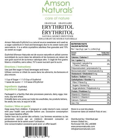 Erythritol Sweetener Granular 2.5 lb / 40 oz / 1.14 kg-Natural Sugar Substitute Sweet taste Zero Calorie Gluten-free Non-GMO by Amson Naturals. 1.14 kg (Pack of 1) - Buy Online on GoSupps.com