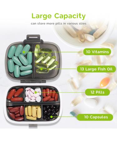 MEACOLIA Travel Pill Organizer - Portable Daily Pill Box with 8 Compartments for Vitamins Supplements & Medicines - Easy Open Design (Clear Black - Buy Online on GoSupps.com
