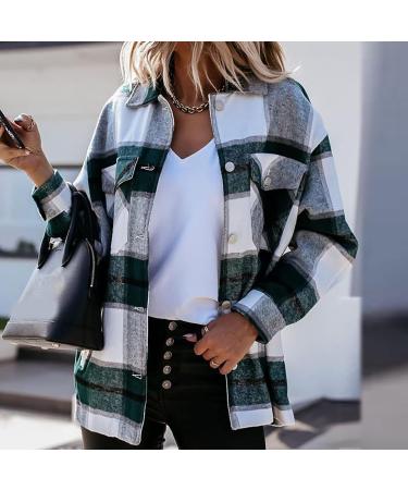 Routinfly Women's Casual Plaid Button Down Wool Blend Shacket Jacket - Spring Autumn Lapel Coat in Green XL | International Shipping Available - Buy Online on GoSupps.com