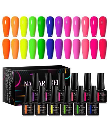 MEET ACROSS Neon Gel Nail Polish Set 12pcs Fluorescent Orange Yellow Green Blue Hot Pink Red Purple Spring Summer Nail Polish Set for Halloween Neon series