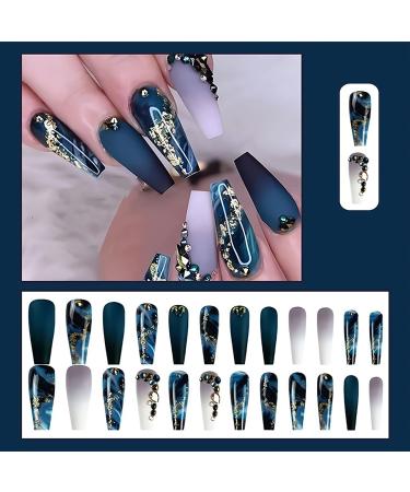24 Pcs Long Coffin Dark Blue Press on Nails with Rhinestone and Gold Sequins - Gradient Matte Full Cover False Nails for Women and Girls - Buy Online on GoSupps.com