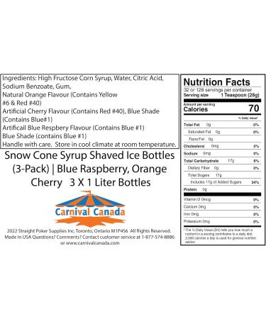 Snow Cone Syrup Shaved Ice Bottles (3-Pack) | Blue Raspberry Orange and Cherry | 3 X 1 Liter Bottles | Makes up to 96 Snow Cones. - Buy Online on GoSupps.com