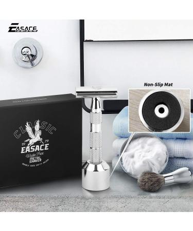 EASACE Long Handle Double Edge Safety Razor Kit - Metal Razor for Men and Women - Includes Stand, Cleaning Brush, and 10 Blades (Silver) - Buy Online on GoSupps.com