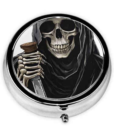 Grim Reaper Round Pill Box - 3 Compartment Decorative Mini Travel Organizer for Vitamins & Medicine - Buy Online on GoSupps.com