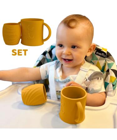 Kangookid Open Cup Set for Baby | 2 Handled Open Tiny Cups for Toddlers | Transitional Training Silicone Cup for Baby Led Weaning and Independent Drinking | 6+ months (Yellow)