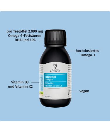 Dr.Budwig Omega 3 Algae Oil Vegan (100ml) | High DHA EPA Vitamin D3 & K2 | Premium Omega 3 for Kids & Adults | International Shipping Available - Buy Online on GoSupps.com