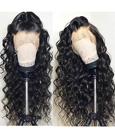 ANDRIA Lace Front Wigs Glueless Natural Wave Synthetic Heat Resistant Fiber Hair Wig With Baby Hair Wigs For Black Women Long Loose Black Wig Lace Front Wig 24 Inches