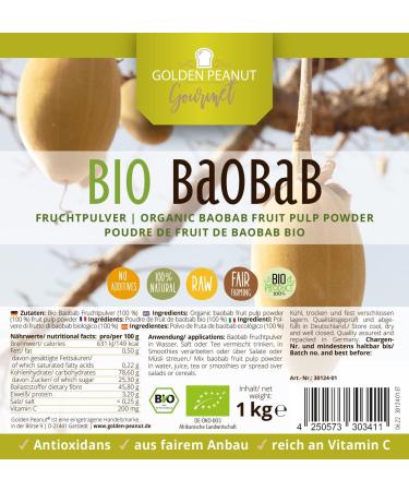 GOLDEN PEANUT Gourmet Organic Baobab Fruit Powder 1 kg - 100% Pure Raw Food for Baking Smoothies & Muesli - Organic Superfood for International Shipping - Buy Online on GoSupps.com