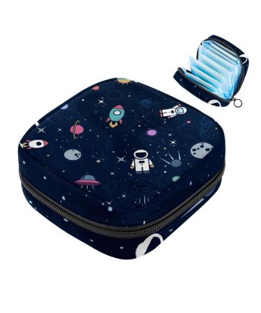 Menstruation pad bag with zipper women's napkin bag tampons collection bags for women and girls (space stars planets with rockets)