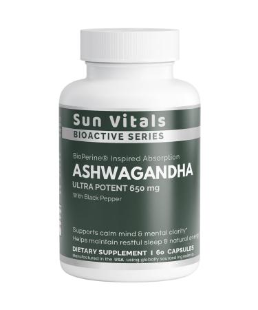 Sun Vitals Ashwagandha Ultra Potent 650 mg Organic Ashwagandha Root with Black Pepper 60 Vegan Capsules
