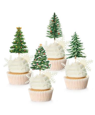 Whaline 48Pcs Christmas Tree Cupcake Toppers 4 Designs Watercolor Cake Decor Assorted Xmas Green Cupcake Toppers for Birthday Winter Holiday Party Supplies