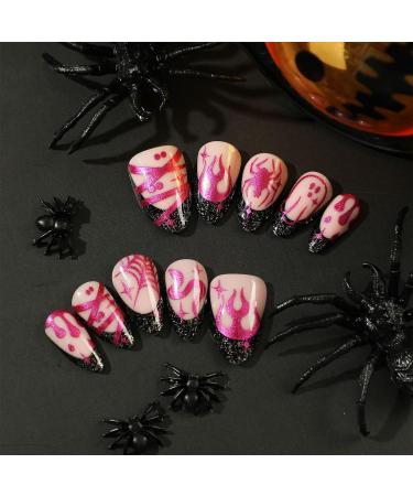 24Pcs Oval False Nails - Black Pink Spider Web Fire Snake Print Halloween Press on Nails - Buy Online on GoSupps.com