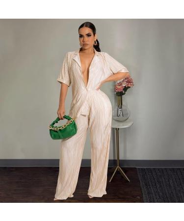Ekaliy Women's 2 Piece Casual Pleated Outfit Set - Short Sleeve Button Down Shirt & Wide Leg Trouser Suit | Champagne, Size Large - Buy Online on GoSupps.com