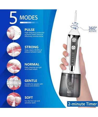 Binefia Water Flosser Cordless | 5 Modes, 360 Rotation, IPX7 Waterproof | 6 Jet Tips, 300ML Tank | USB Rechargeable Teeth Cleaner for Home/Travel - Buy Online on GoSupps.com