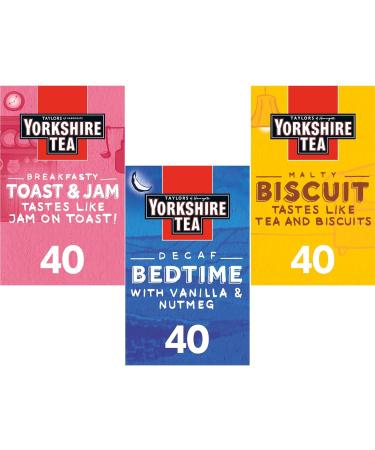 Taylors Tea Brew Selection | Breakfasty Toast & Jam Malty Biscuit Decaf Bedtime | Set of 3 | 40 Tea bags Each | Total 120 Tea bags - Buy Online on GoSupps.com