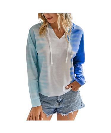 Tie Dye Hoodie for Women Casual V Neck Sports Gradient Tie-Dye Hooded Drawstring Hoodies Sweatshirts Blue X-Large