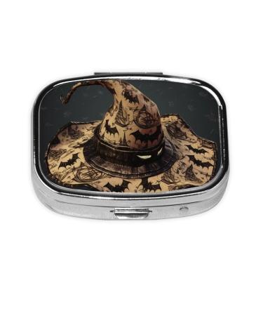 Witch Hat Printing 2 Compartment Small Pill Case Cute Small Pill Box Purse Pill Boxs Travel Pill Organizer for Pocket Purse and Travel Gifts